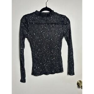 Urban Outfitters Black Star Print Mesh Top Mock Neck Sheer Long Super Stretch M